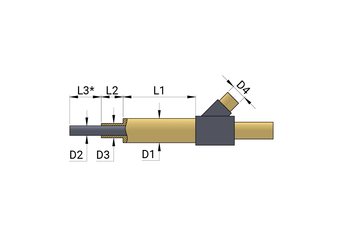 Technische Zeichnung eines Füllinjektors mit Abmessungen (L1, L2, D1, D2, D3, D4) für die Partikelschaumindustrie, hergestellt von Die Peter Kröner GmbH.