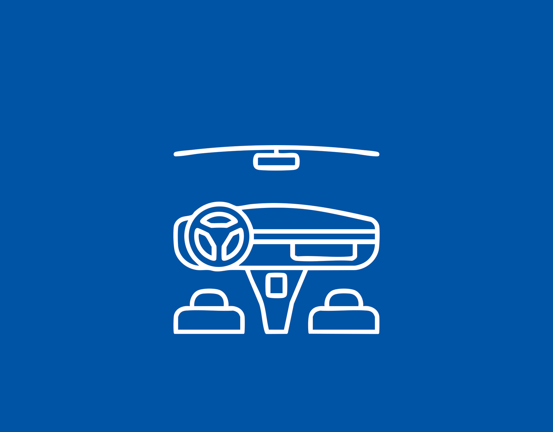 Weiße Linienillustration eines Autoinnenraums (Lenkrad, Armaturenbrett, Sitze) auf blauem Hintergrund, veranschaulicht die Anwendung der Produkte von Peter Kröner GmbH in der Automobilindustrie.